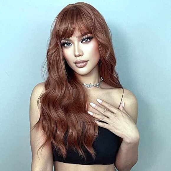 𝅺🆕 Stunning Long Auburn Brown Wig Synthetic No Lace Wig Full Bangs SEXY NWT👀😘 - Picture 4 of 7